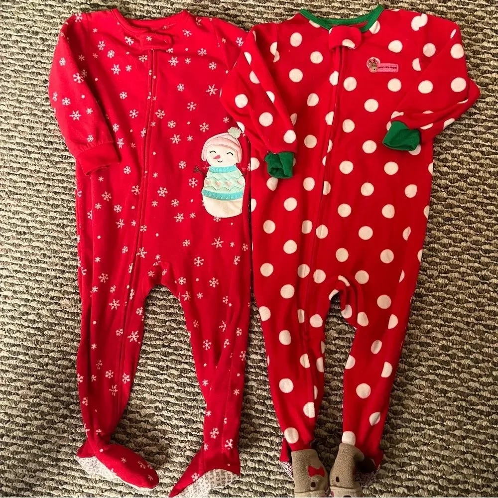 Carters Girls Fleece Christmas Feetie Pajama Bundle 18 Months‎ Red White Holiday